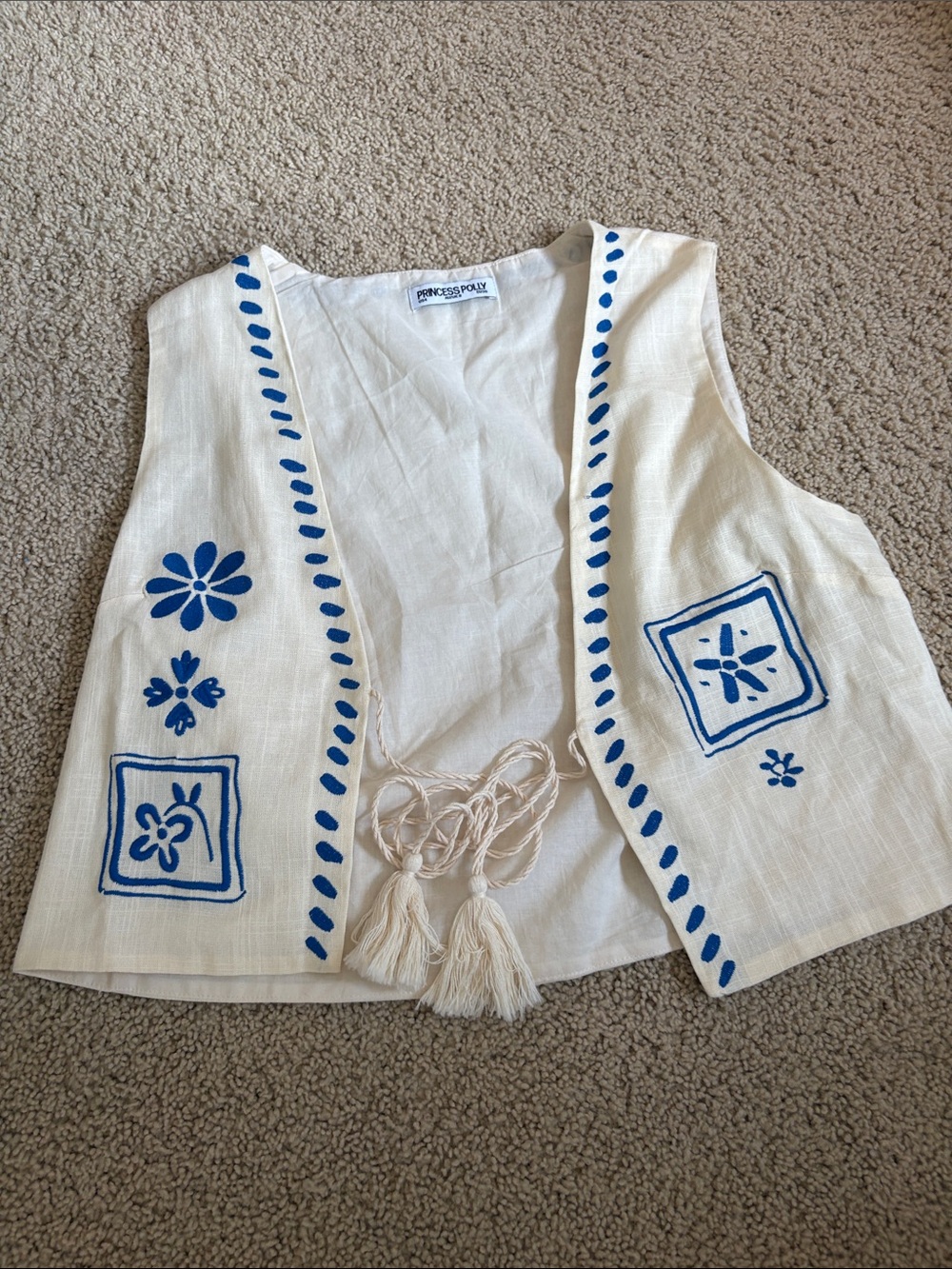 Princess Polly Cream Tank Top Vest with Blue Embroidery